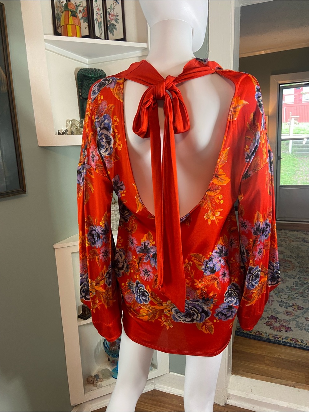 Free People 2am Floral Mini Dress Tunic Backless XSmall XS Cowl Neck Tie Satin - Picture 4 of 16